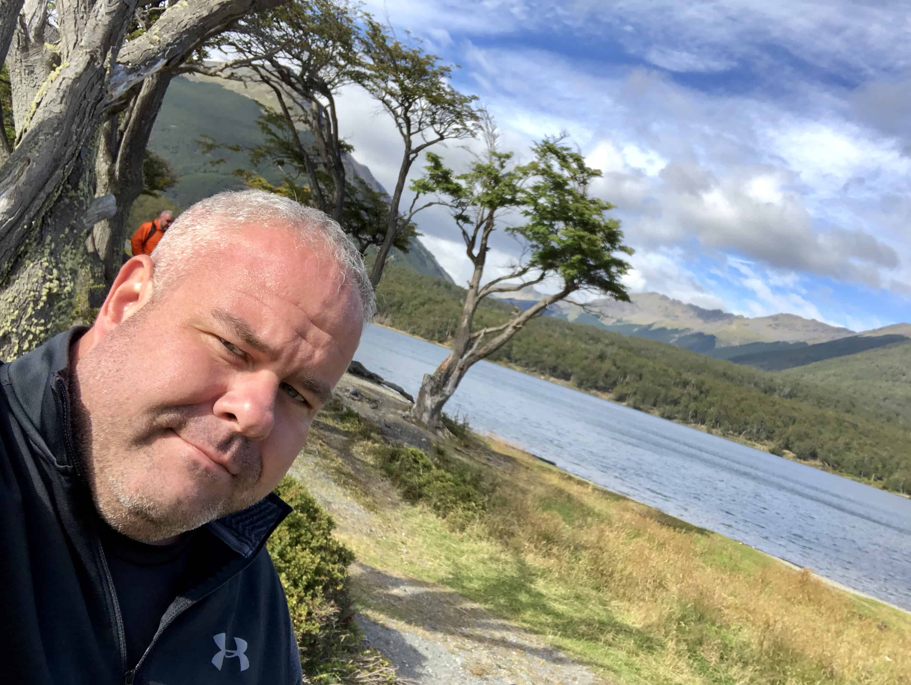 Quick selfie walking along shore of Isla Grande de Tierra del Fuego near the border of Argentina and Chile.