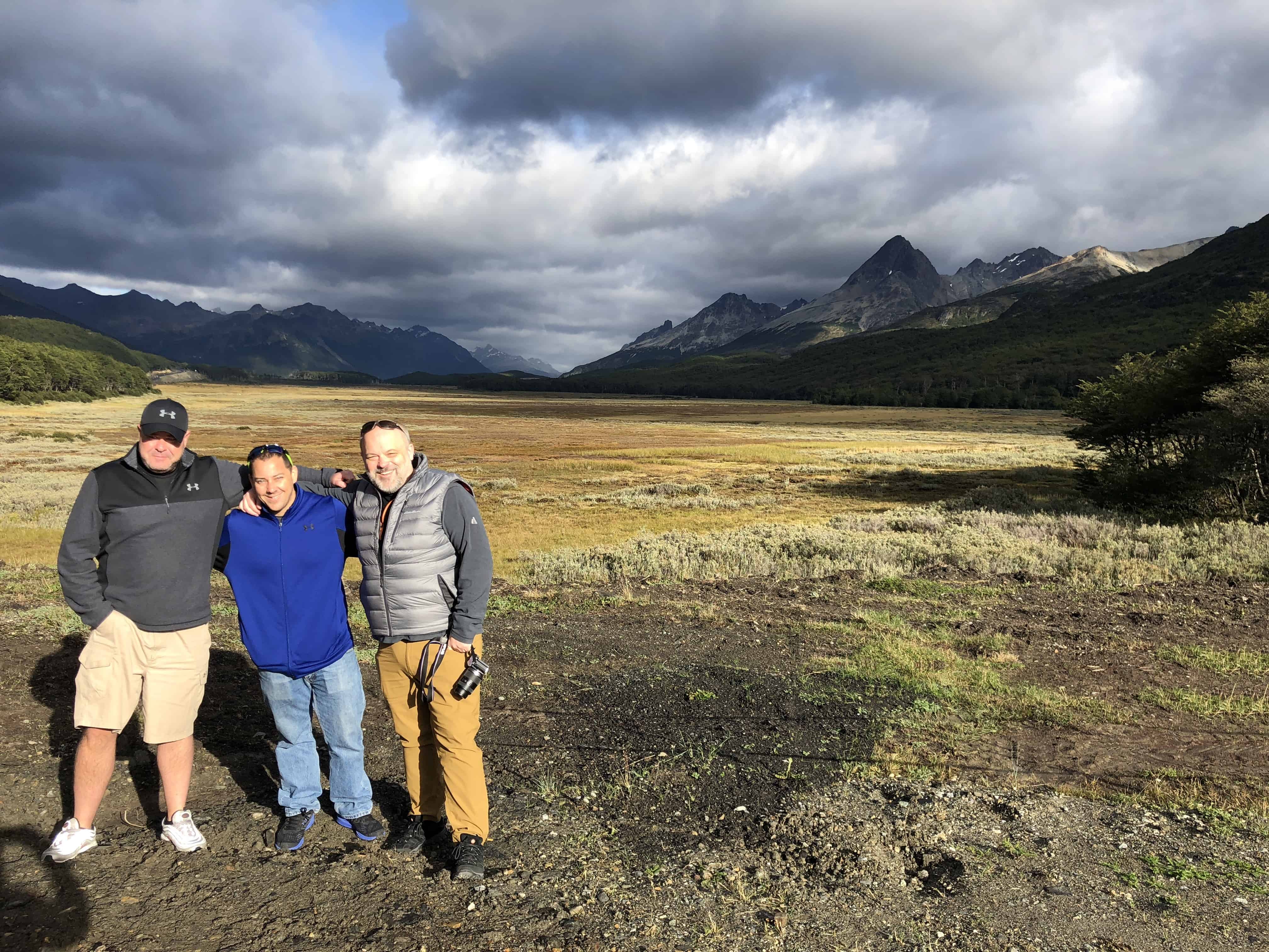 Killer backdrop with Me, Jared, and Andy in Tierra del Fuego